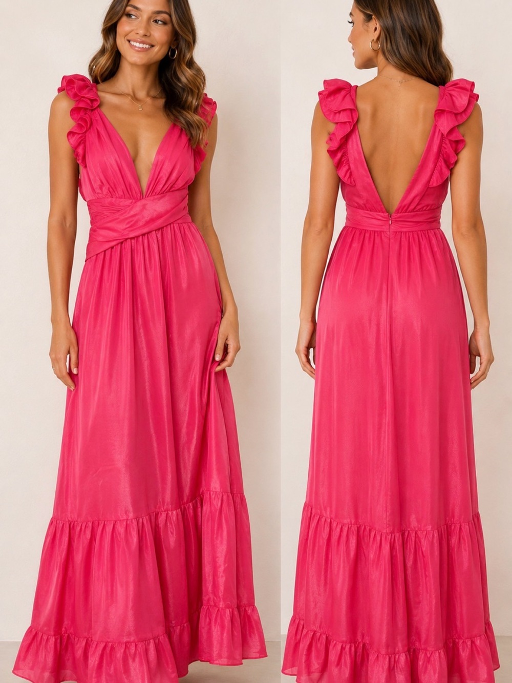 Petal + Pup Size L Pink Ruffle Strap Plunge Maxi Dress wedding guest